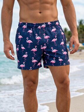 NWT | Brisira Navy Pink Flamingo Compression Lining Swim Shorts Medium